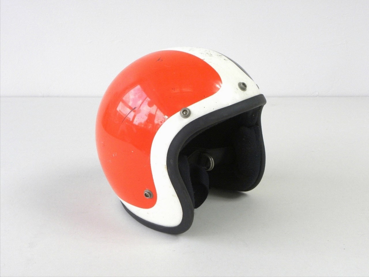Vintage 1970's Motorcycle Helmet Open Face Orange Black