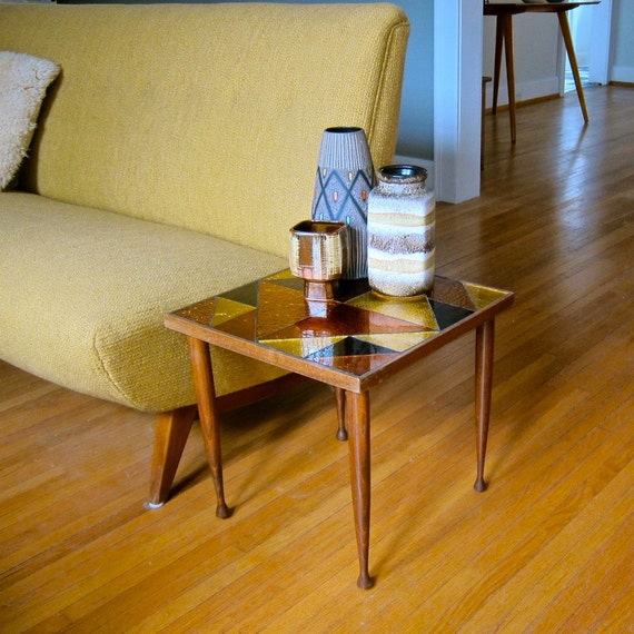 Glass Mosaic Top Side Table in Brown Orange and Yellow