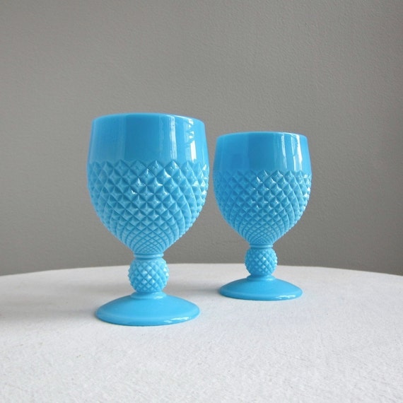 Pair of Westmoreland Blue Milk Glass Goblets English Hobnail Pattern