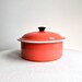 Vintage Coral Enameled Metal Covered Dish - Enamelware - Mid Century Kitchen Storage