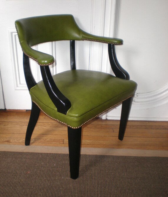 Vintage Mid Century Olive Green Vinyl Arm Chair