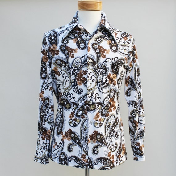 70s Vintage Men's Paisley Floral Polyester Shirt LARGE