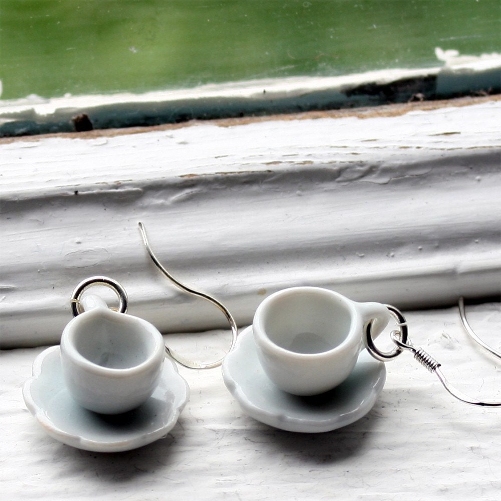 Tea Cup Earrings White on Sterling Silver by BeanDoll on Etsy