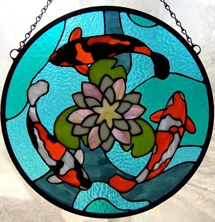 Three Koi Stained Glass Panel