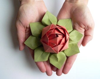 Origami Lotus Flower Decoration or Favor // Papaya and Moss Green