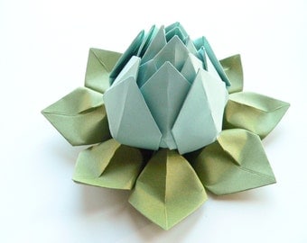 Origami Lotus Flower in Robin's Egg Blue and Moss Green - Decoration, Favor, Handmade Gift
