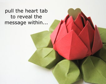 PERSONALIZED Message - Origami Lotus - Paper Flower - Bright Red, Moss Green - can be shipped directly - graduation, birthday, anniversary