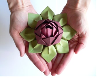 Handmade Paper Flower - Origami Lotus Flower Decoration or Favor - Merlot, Rhubarb, and Moss Green