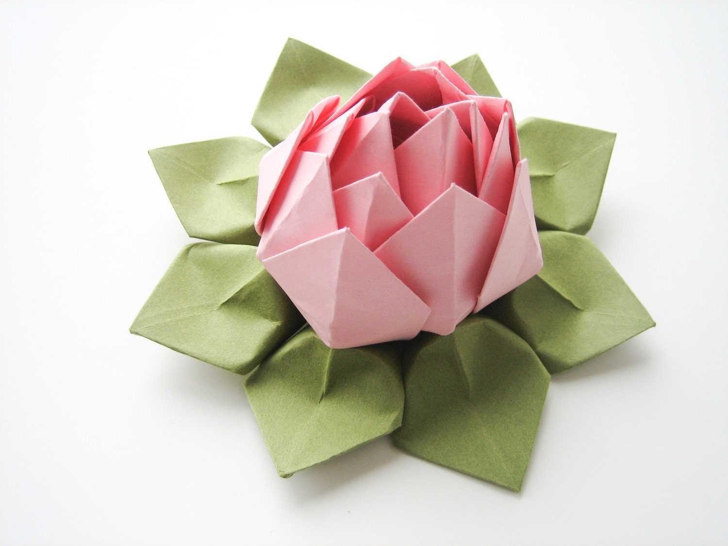 Handmade Origami Lotus Flower Blossom Pink and Moss Green