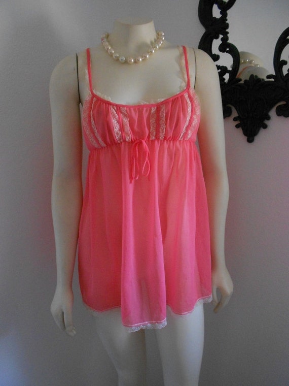Bright Pink Retro Sheer Nighty Top Nightgown Vs Size Small