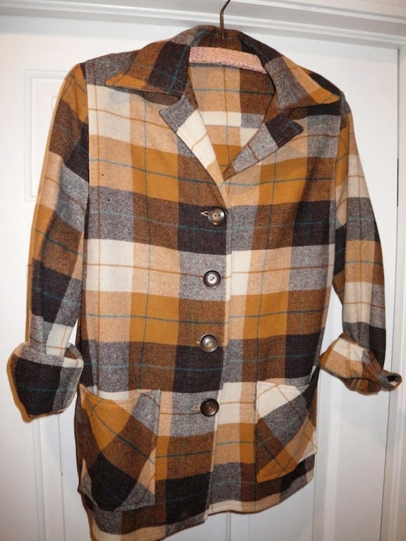 Vintage 1950s Brown Plaid Wool Shirt Jacket. Pendleton 49er