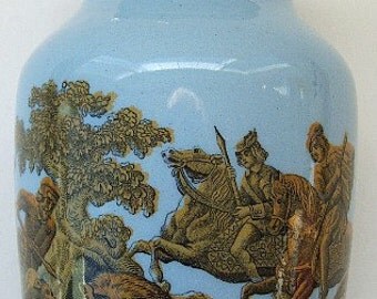 Excellent antique pottery MUSTARD CROCK w/ Wild Boar Hunting Scene scene on it - 1800s.