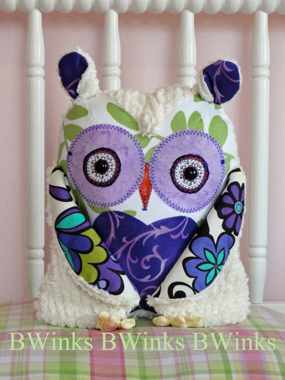 Stuffed Owl Pillow Purple and Greens LAST ONE