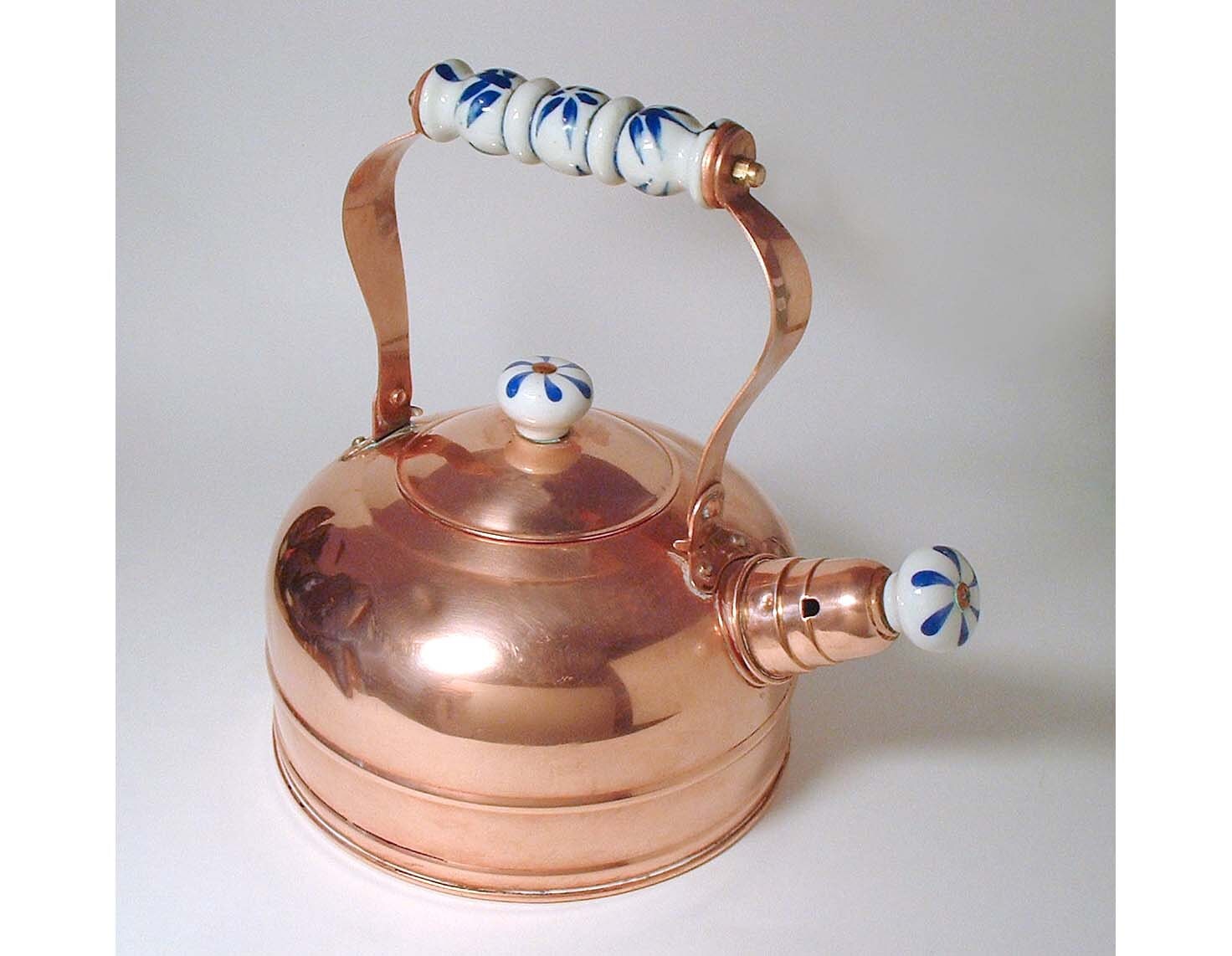 Vintage Copper Tea Kettle with Ceramic Accents