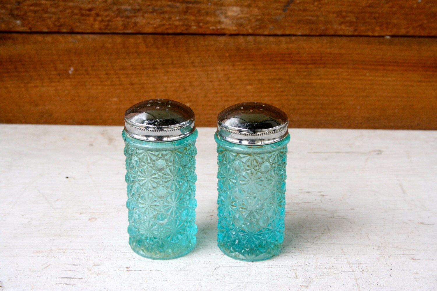 Two Antique Blue Glass Salt and Pepper Shakers So Shabby