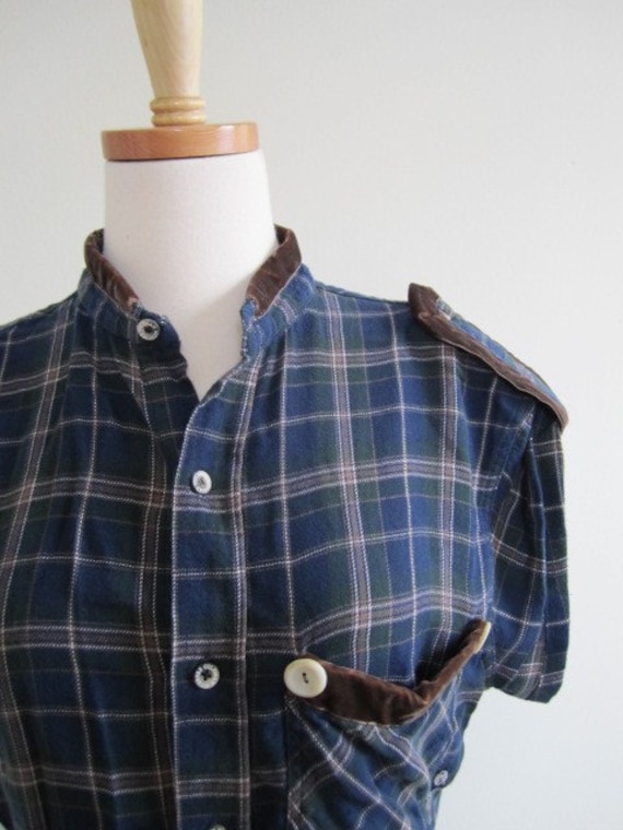 Shirt Upcycled Button Down Plaid Tunic Navy Hand by stitchingbevy