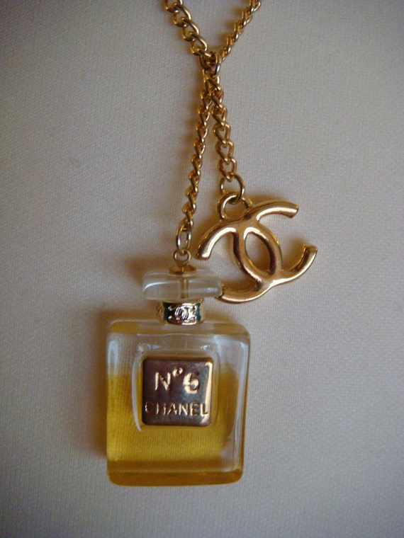 Chanel inspired perfume bottle goldtone charm necklace