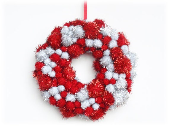 Items similar to Pom Pom Sparkle Wreath Small Home Decor - Red Silver ...