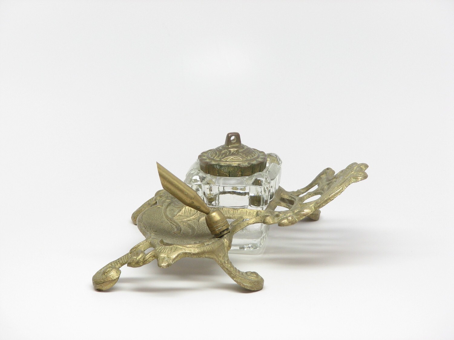 Antique Brass & Glass Inkwell with Pen Holder