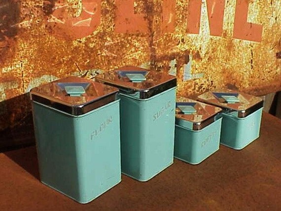 vintage 1950's Turquoise and Chrome Kitchen Canister Set