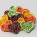 Crochet heart appliques in forest woodland colors spring autumn fall country green pumpkin orange yellow brown