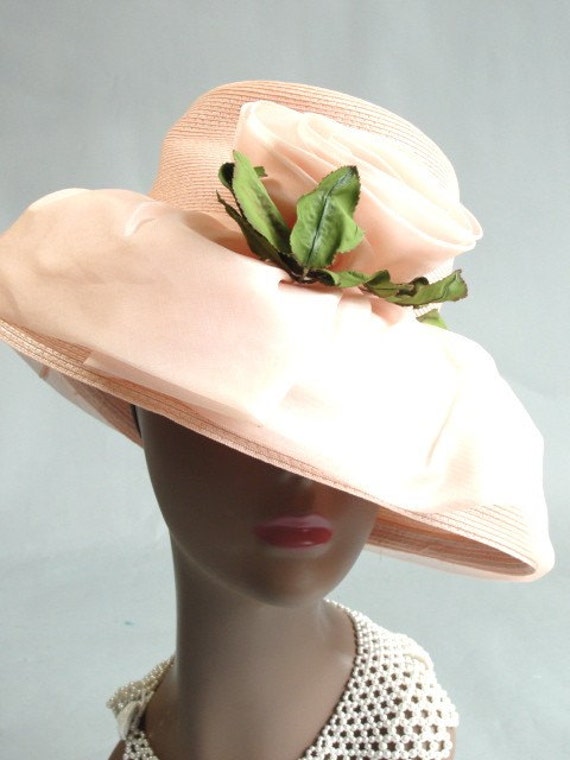 Vintage Pink Hat with Wide Brim by ROBERTA BERNAY with Rosette