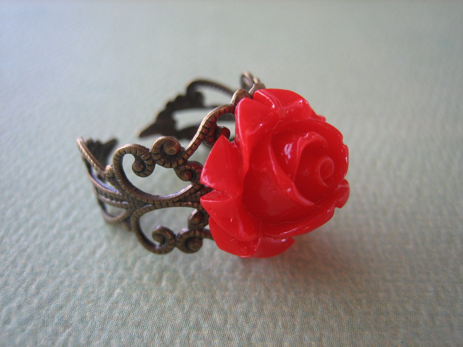 Petite Red Rose Flower Ring Adjustable Antique Brass by ZARDENIA