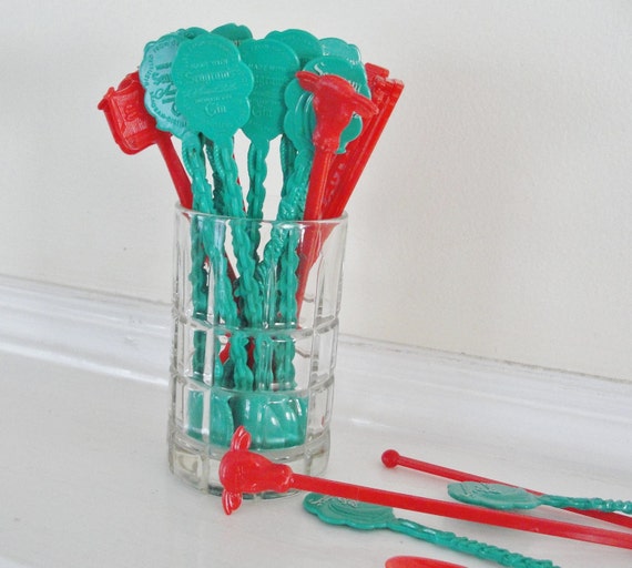 Vintage Cocktail Stirrers Red and Teal Drink Stirrers Mad Men