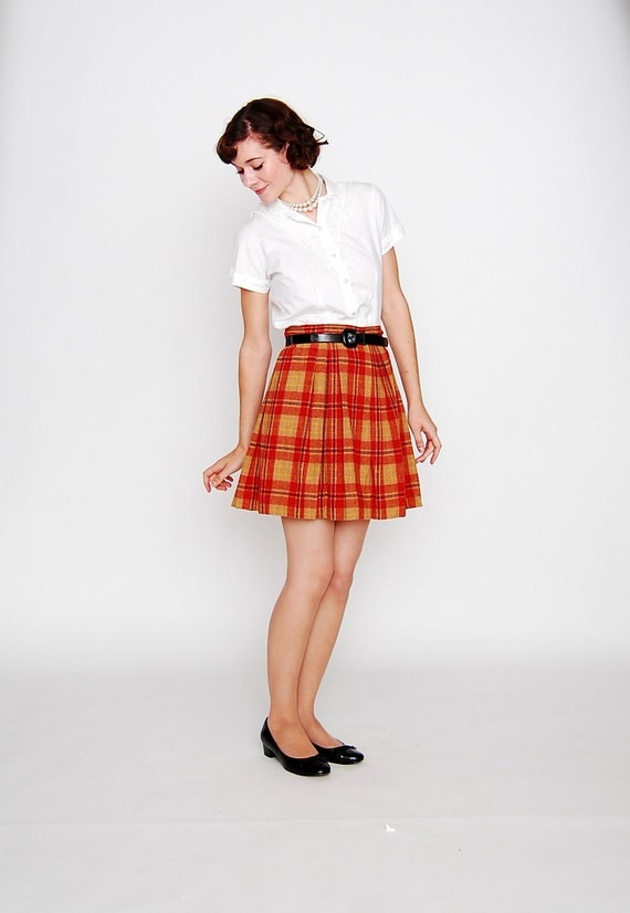 Vintage 1960s Skirt 60s Mini Skirt Red And Orange Plaid 