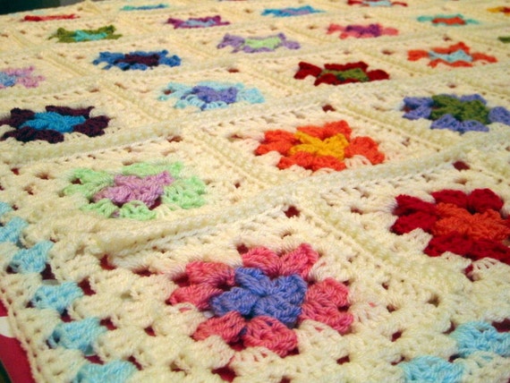 Crochet Baby Blanket Granny Chic Granny Squares Ivory Handmade