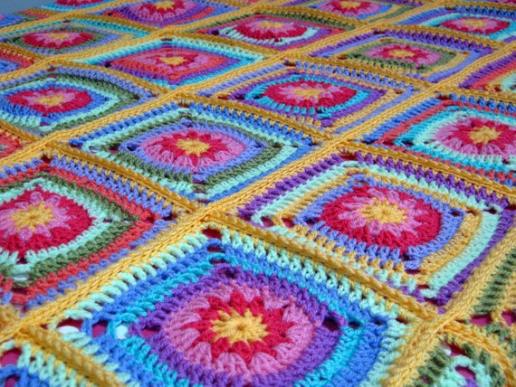 Heavenly Tutti Frutti Daisy Granny Square Blanket Afghan FREE SHIPPING