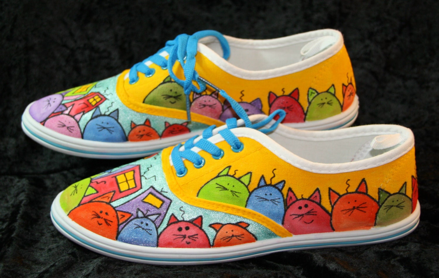 Cat Cartoon Shoes Lace Up Hand painted