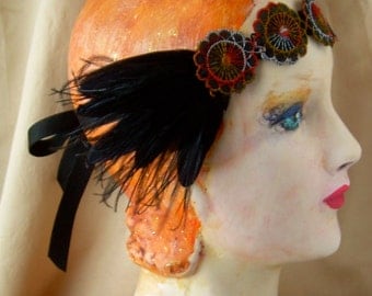 20's headpiece flapper headband bohemian headpiece of vintage feathers and silk 1920's 1930's black red edwardian headpiece- charlotte