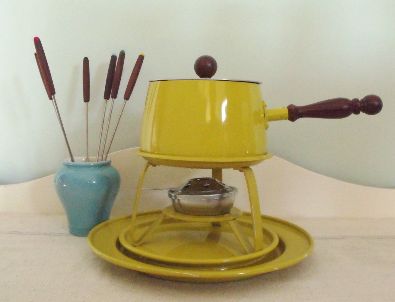 Vintage Yellow Fondue Set