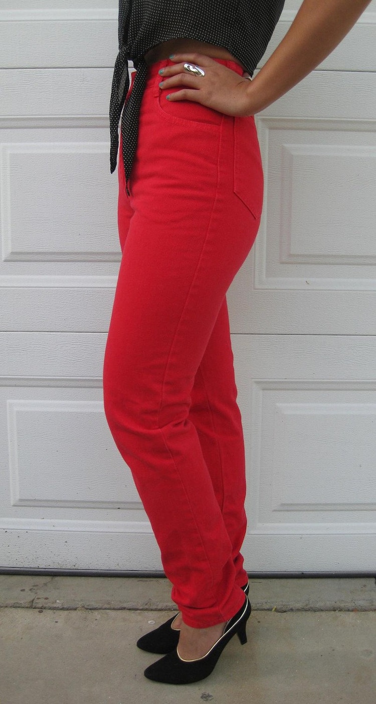 red denim pants