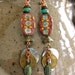 artisan EARRINGS, charms, dangle, boho, lightweight,hand painted oval wooden beads, mixed media, glass flower discs on copper , by Zasra