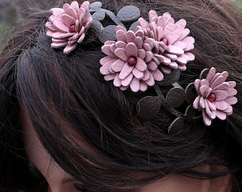 Flower headband mauve pink leather daisies green leaves bridal hairpiece woodland wedding hair accessory prom wearable art
