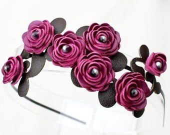 Flower headband leather berry roses green leaves floral bridal tiara woodland wedding crown 3 year anniversary gift prom wearable art