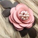 Flower leather headband fascinator, pink rose, moss green leaves, freshwater pearl center on skinny metal hairband prom wearable art