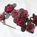 Mauve burgundy flower headband leather roses moss green leaves on black metal hairband, floral wedding tiara woodland wedding prom