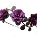 Purple flower headband leather amethyst mums green leaves floral bridal tiara woodland wedding hair accessory 3 year anniversary gift