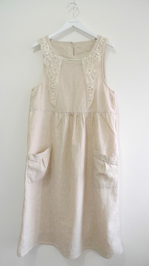 Linen Dress with Patch Pockets in Lt Beige with by SundayFactory