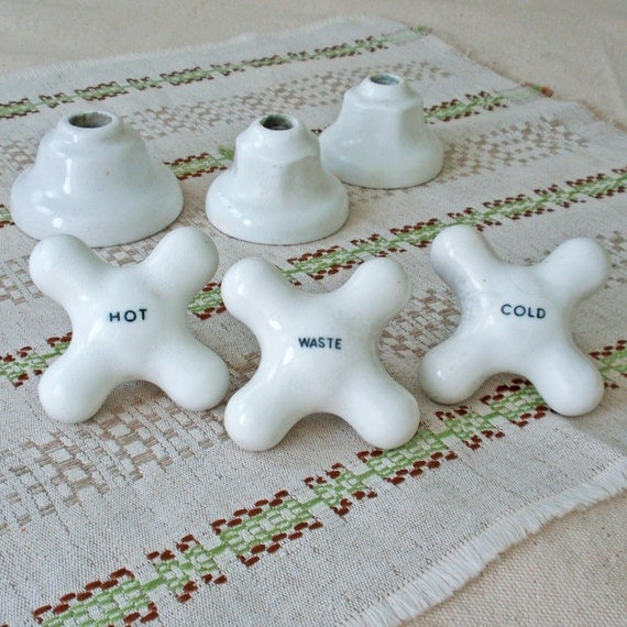 Vintage Porcelain Faucet Handles Hot Cold Waste