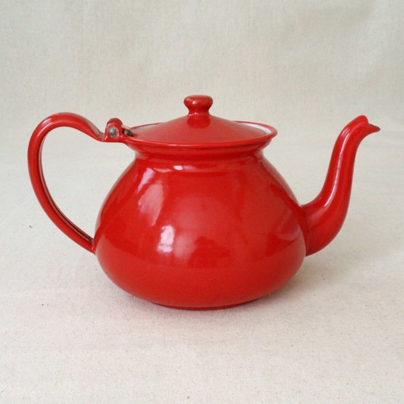 Vintage Danish Modern Red Enamelware Teapot