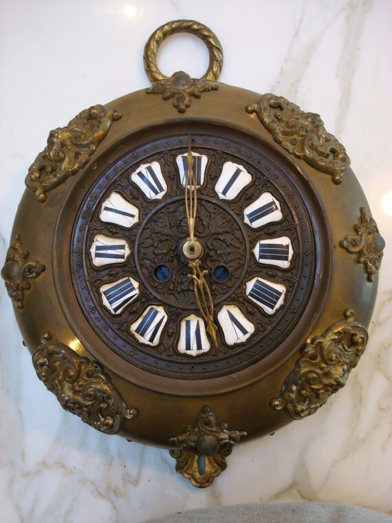 Vintage French Bronze Wall Clock with Porcelain Hands