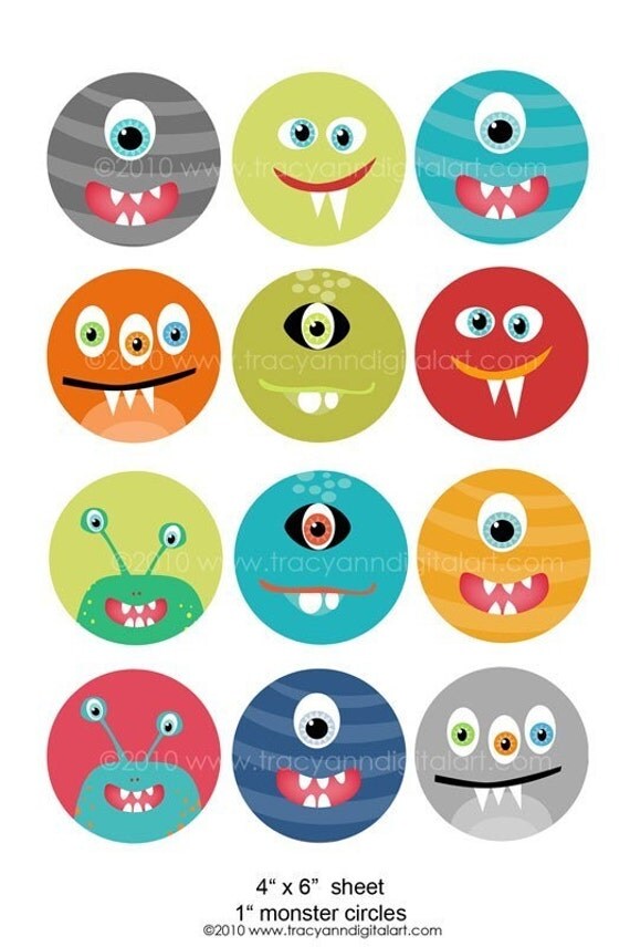 Items similar to Printable 1 inch Digital Circle Collage Sheet Monsters ...