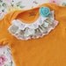 sunshine orange hand dyed onesie embellished with vintage fabric and lace, and a pretty little aqua rose, 6m to 9m, baby girl photos spring