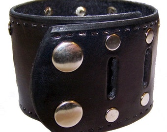 Item 123109 Hand Tooled Black Leather Wrist Cuff Bracelet Wristband
