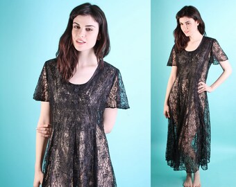 Vintage Lace / Sheer / Dress / Dresses / 1980s / Illusion Lace / Lolita / Goth / Gothic / Black Lace / 0818