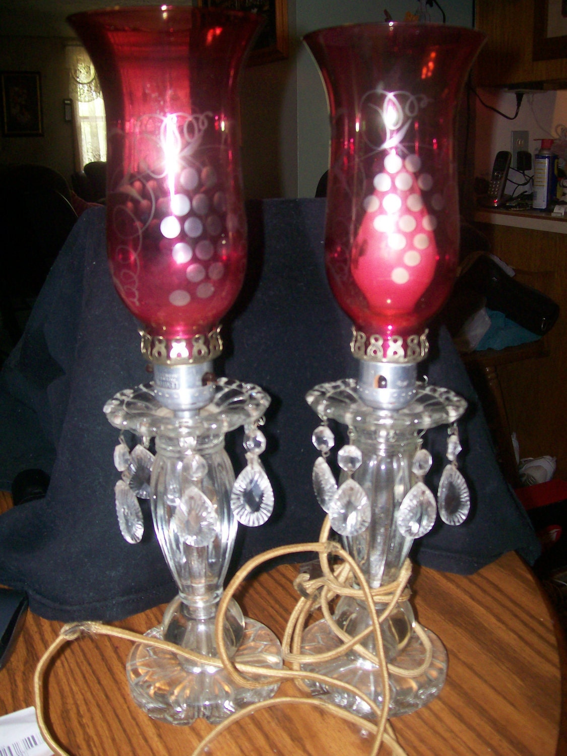 Antique vintage red ruby hurricane lamp crystal prisms